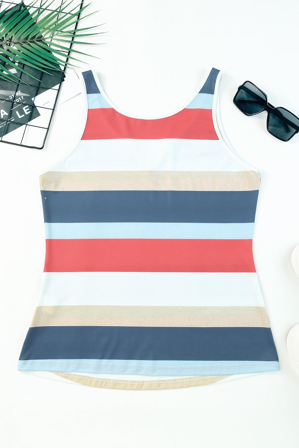 Green Striped Color Block Notched Neck Tank Top