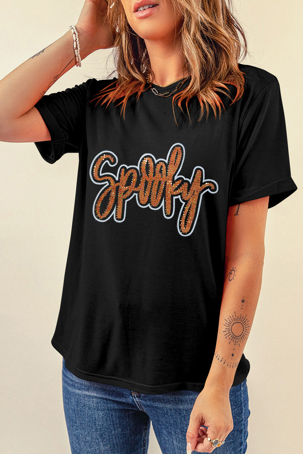 Black Spooky Rhinestone Crew Neck Graphic Tee