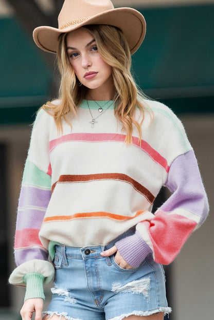 Multicolor Striped Drop Shoulder Crew Neck Sweater