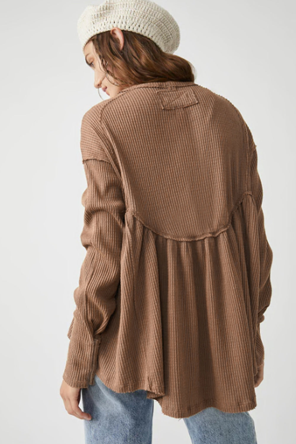 Brown Textured Exposed Seam Pullover Long Sleeve Top