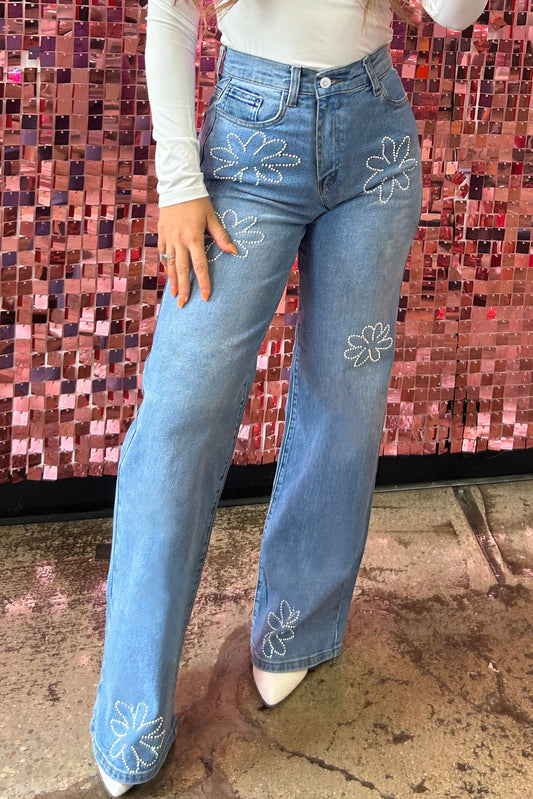 Light Blue Floral Bead High Rise Wide Leg Jeans