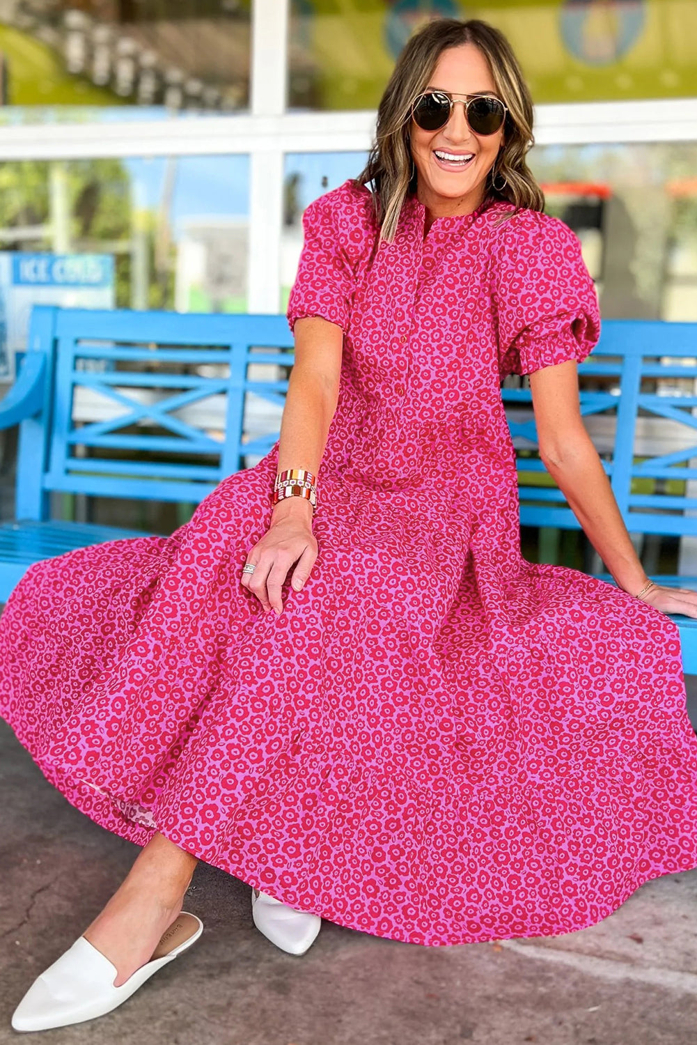 Wholesale Rose Red Mock Neck Puff Sleeve Floral Tiered Maxi Dress