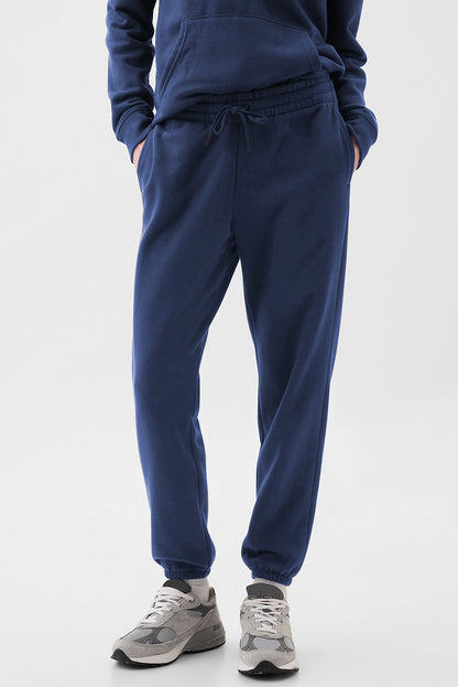 Navy Blue Plain Fleece Lined Drawstring Waist Joggers