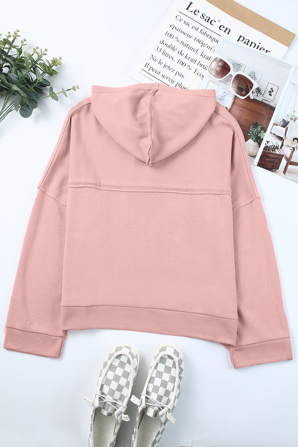 Pink Casual Button Patchwork Trim Hoodie