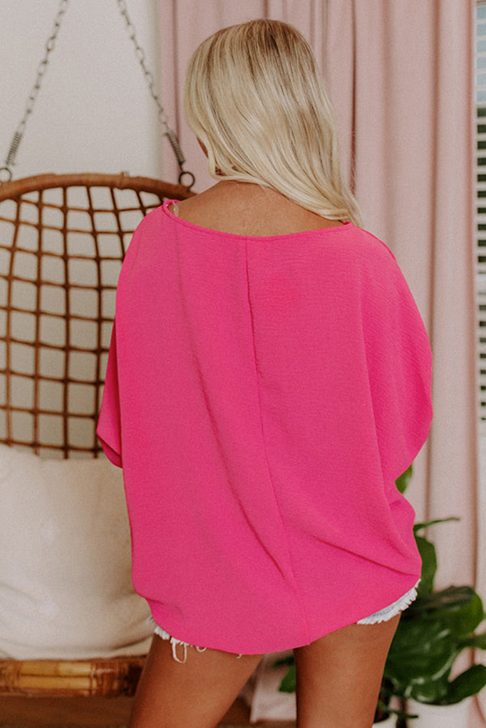 Pink Casual Shirred Cuffs Half Sleeve Top