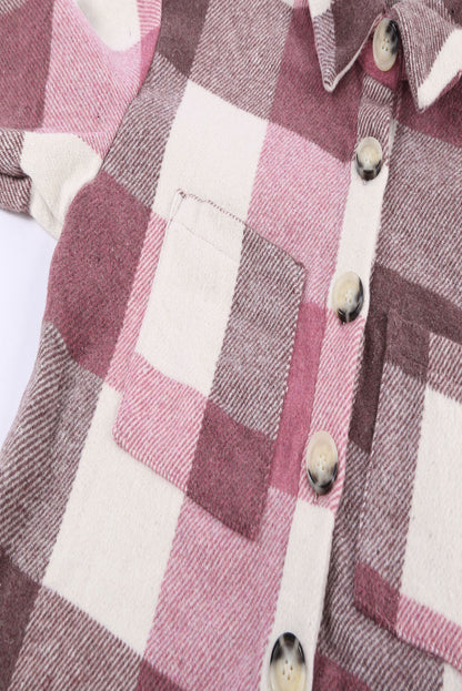 Plaid Color Block Buttoned Pocket Long Sleeve Shacket