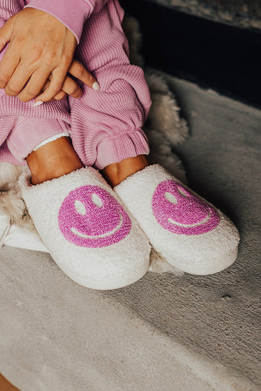 White Smile Face Print Non-slip Plush Home Slippers