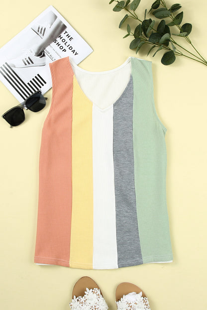 Multicolor Color Block V Neck Waffle Knit Tank Top