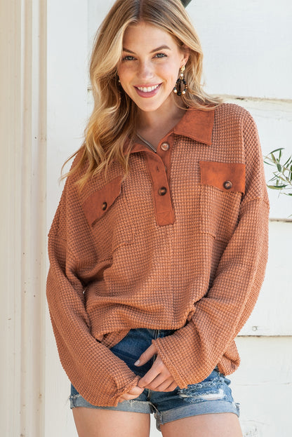 Brown Waffle Knit Button Contrast Trim Long Sleeve Top