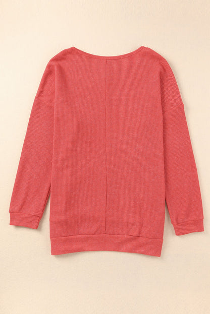 Red Waffle Knit Side Slit Pullover Long Sleeve Top