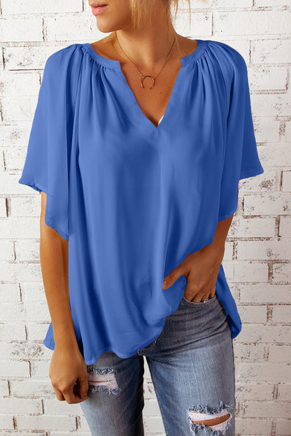 Green Casual Split Neck Pleated Loose Blouse