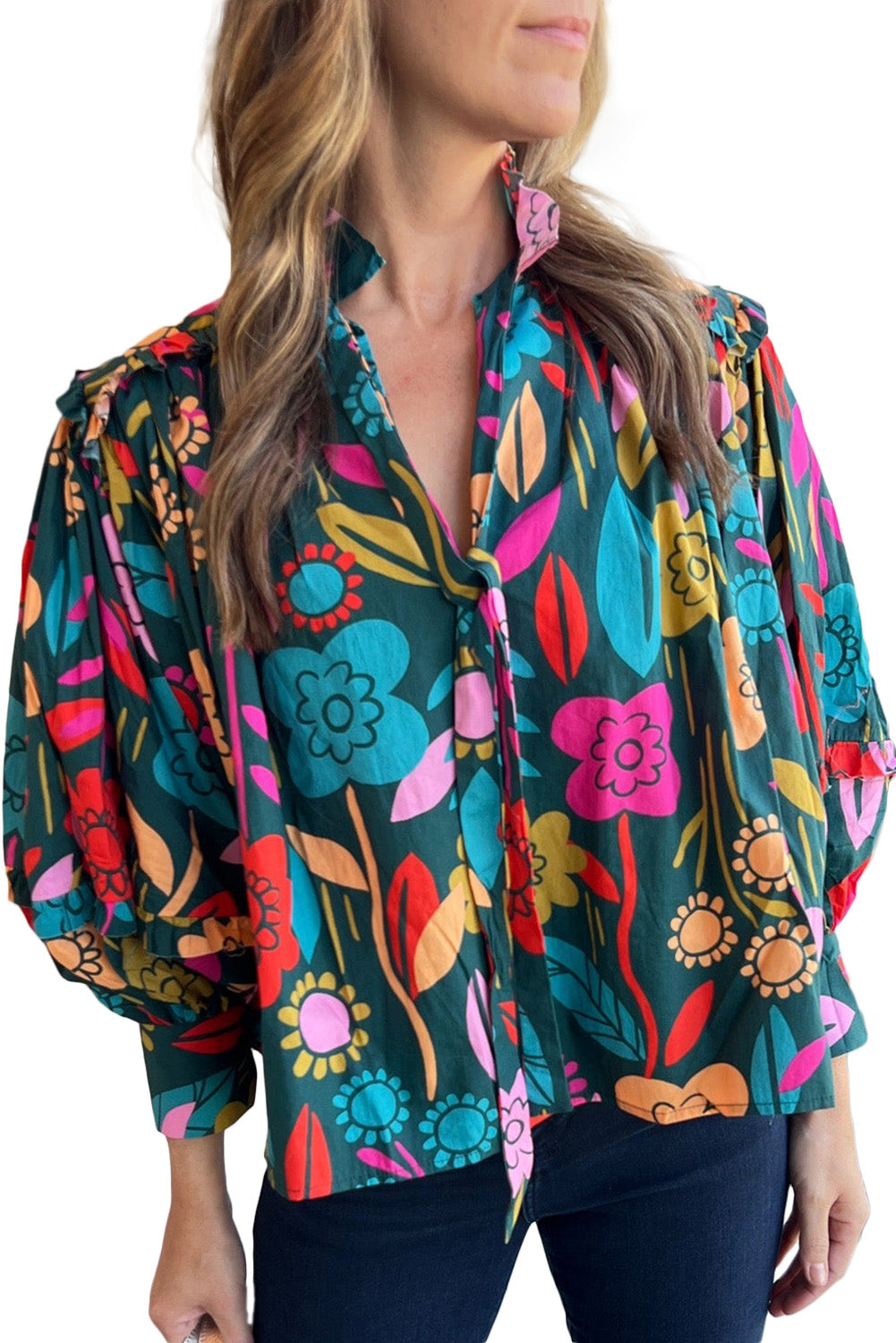 Green Floral Print Knot Split Neck Puff Sleeve Blouse