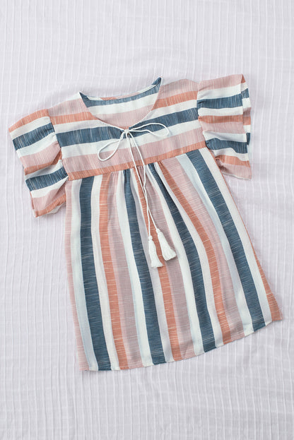 Pink and Blue Stripes Shirt Flutter Sleeve V Neck Blouse