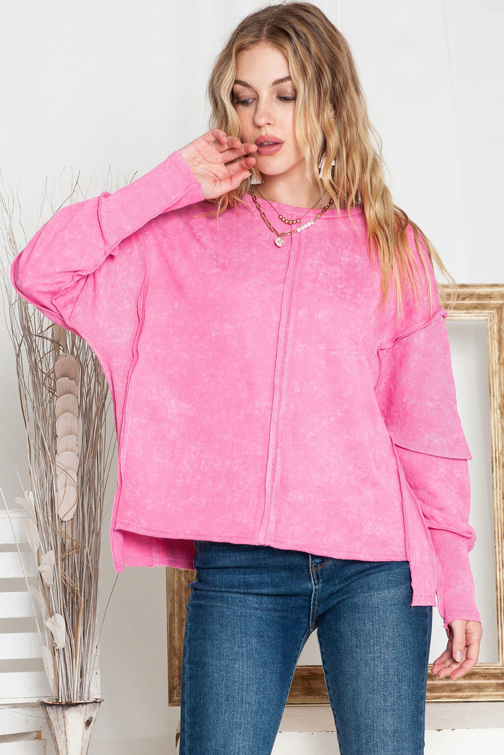 Rose Patchwork Long Sleeve Distress Pullover Sweatshirt