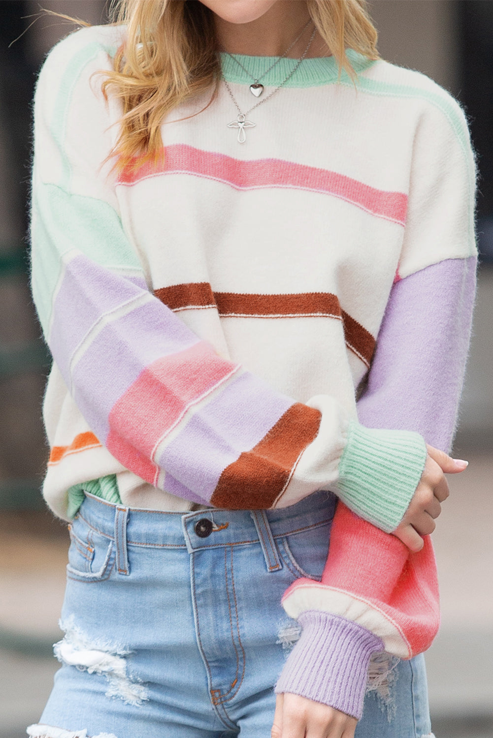 Multicolor Striped Drop Shoulder Crew Neck Sweater