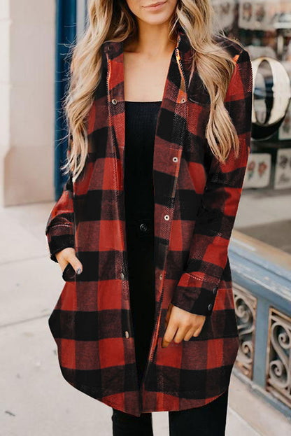 Brown & Black Plaid Collared Botton Down Long Shirt Shacket