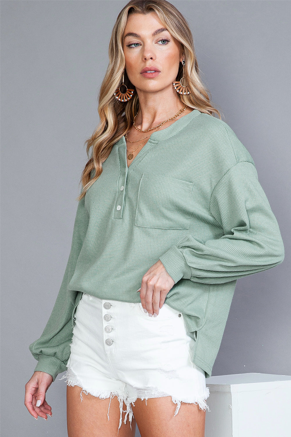 Green Waffle Knit Solid Color Long Sleeve Henley Top