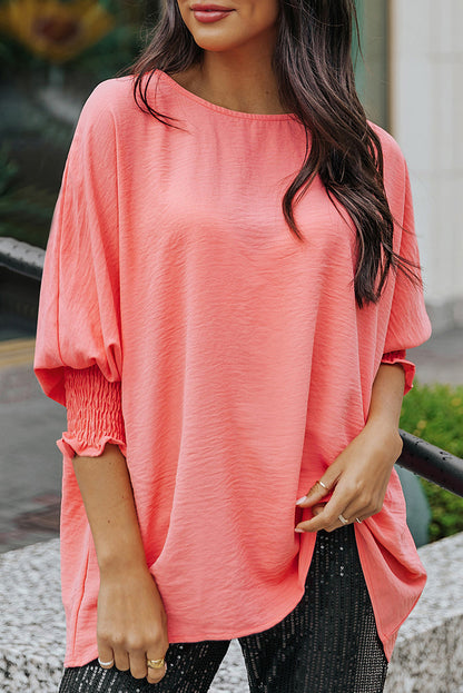 Pink Casual Shirred Cuffs Half Sleeve Top