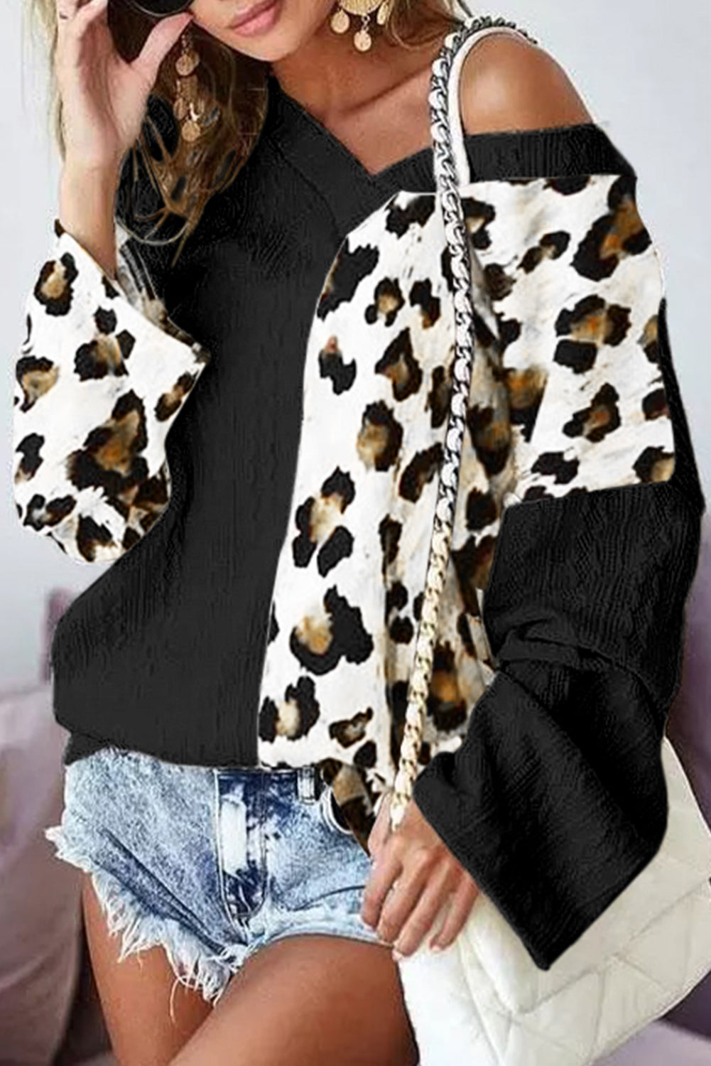 Beige V Neck Leopard Colorblock Patchwork Long Sleeve Top