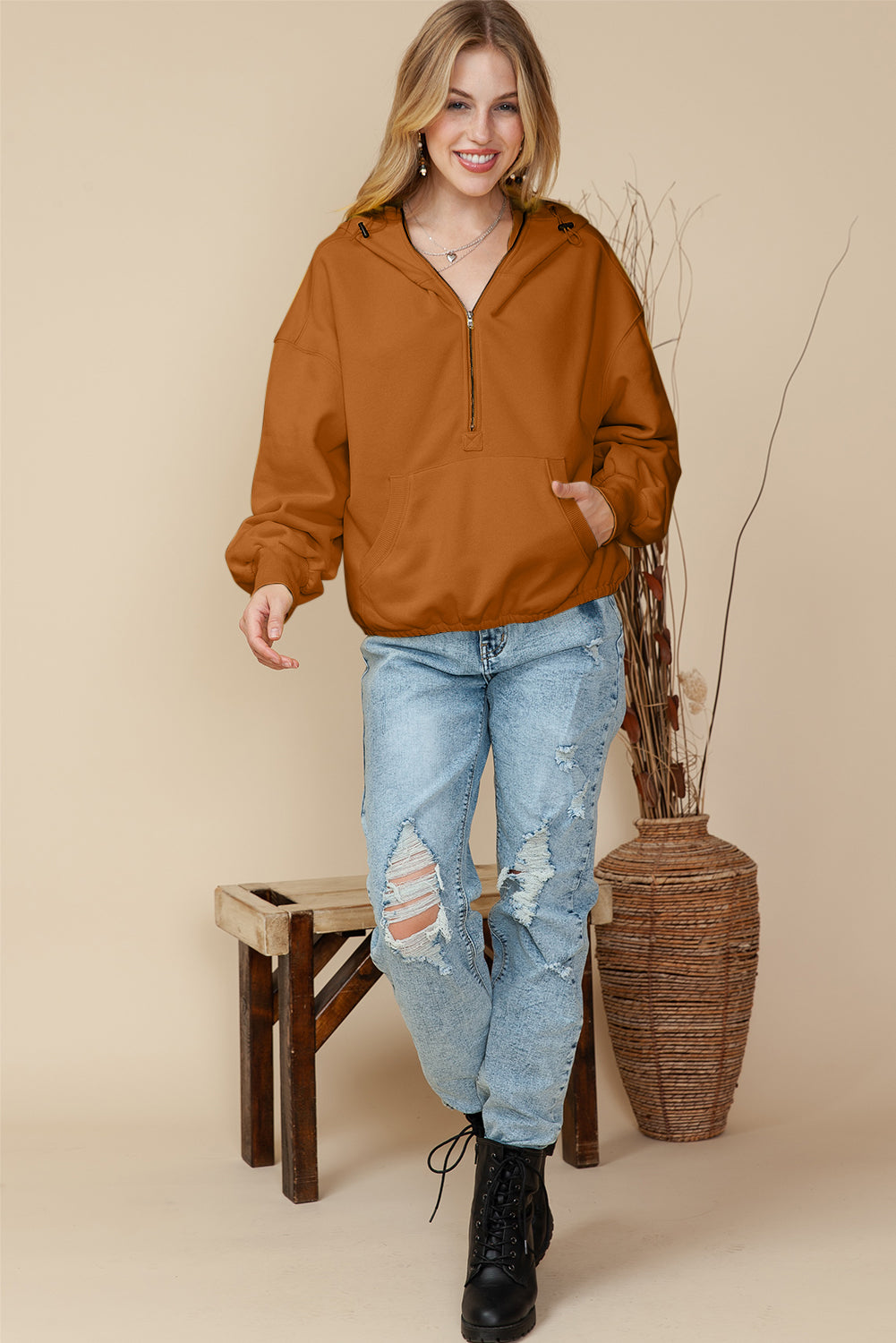 Brown Half Zip Pullover Hoodie with Kangaroo Pocket