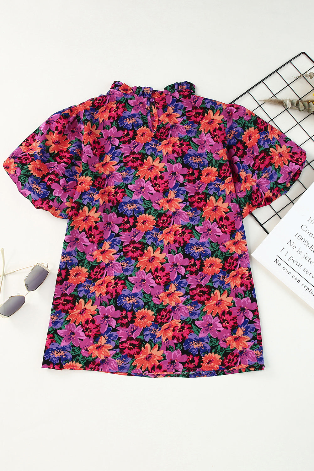 Multicolor Floral Print Round Neck Puff Sleeve Blouse