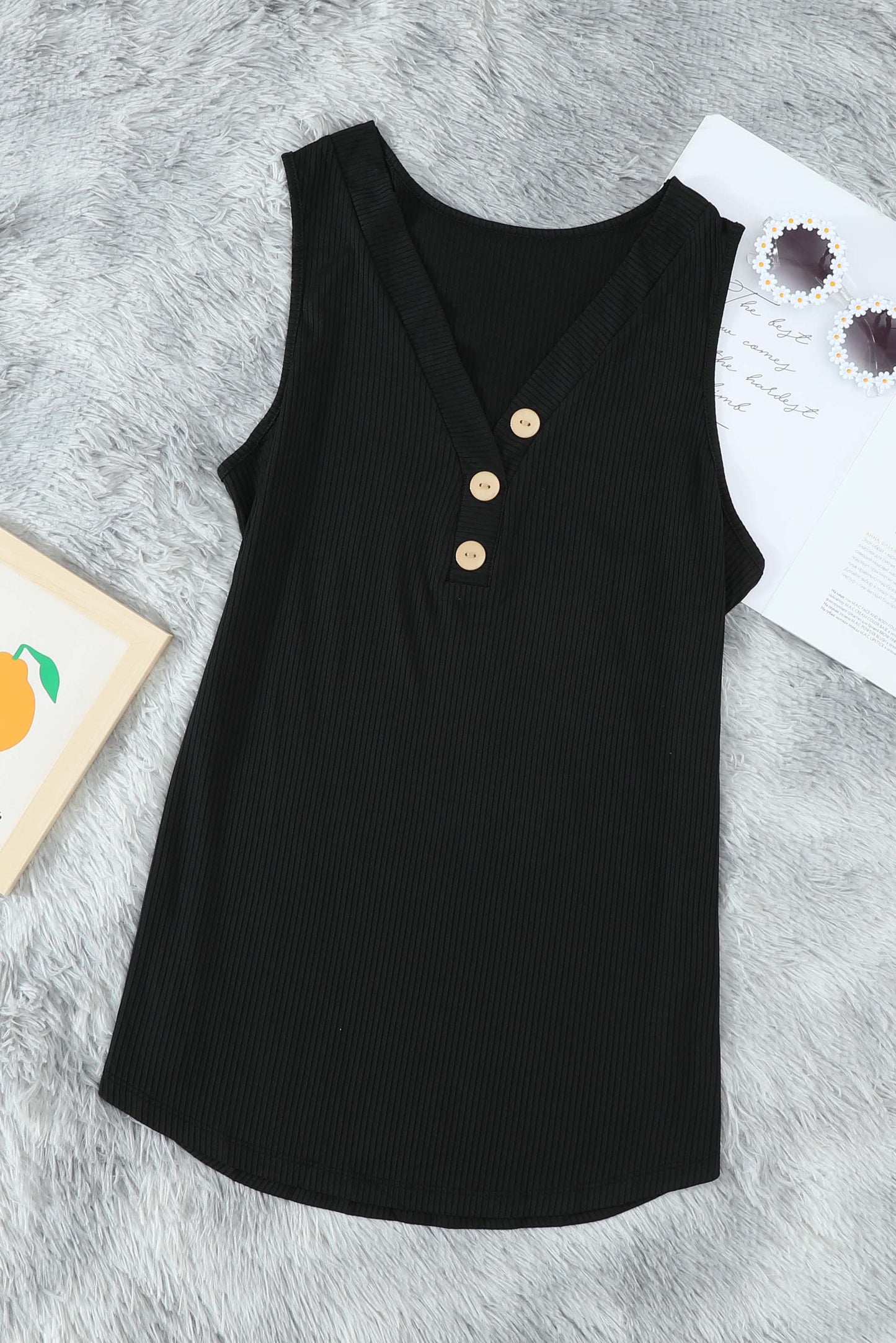 Button V-Neck Black Rib-Knit Tank Top