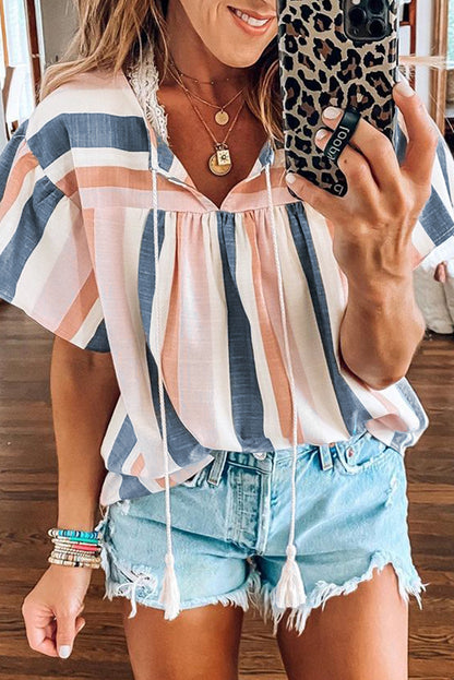 Pink and Blue Stripes Shirt Flutter Sleeve V Neck Blouse