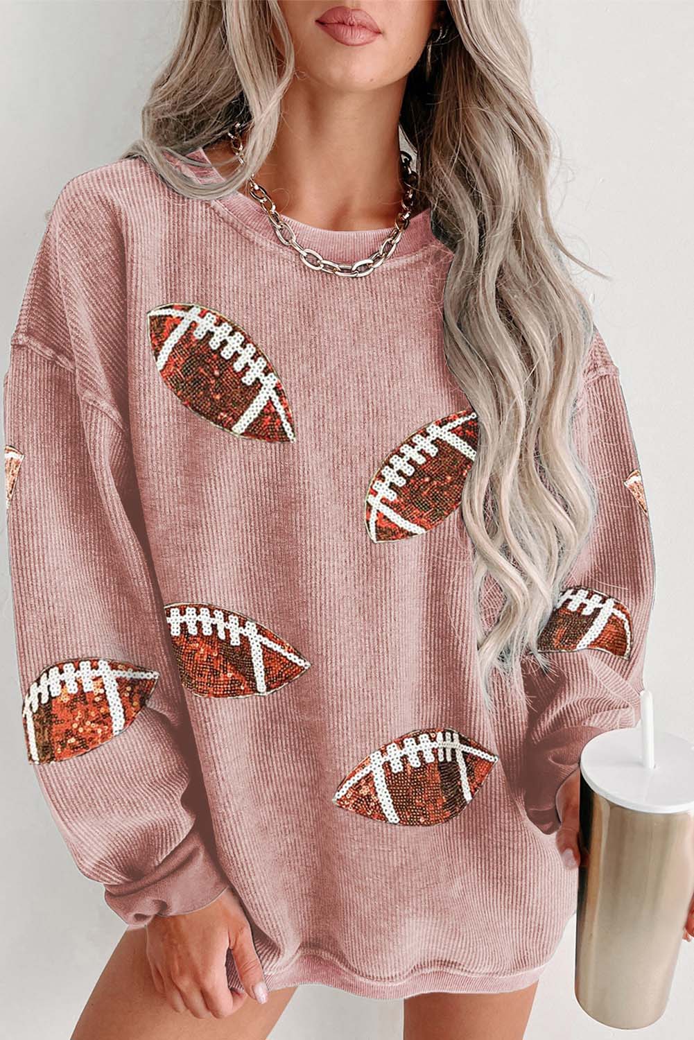 Pink Sequin Rugby Corded Oversized Graphic Sweatshirt