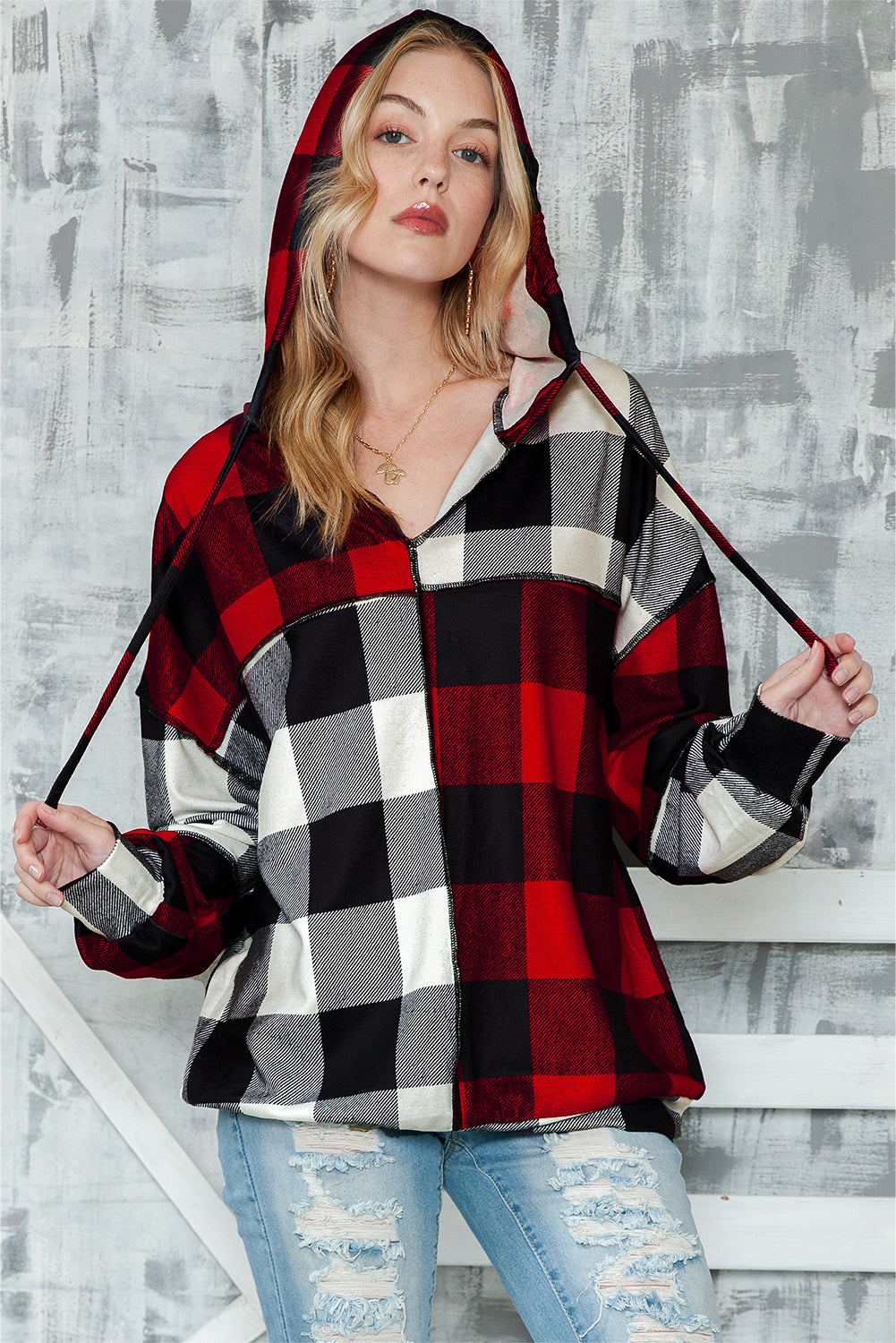 Multicolor Patchwork Buffalo Plaid Hooded Top