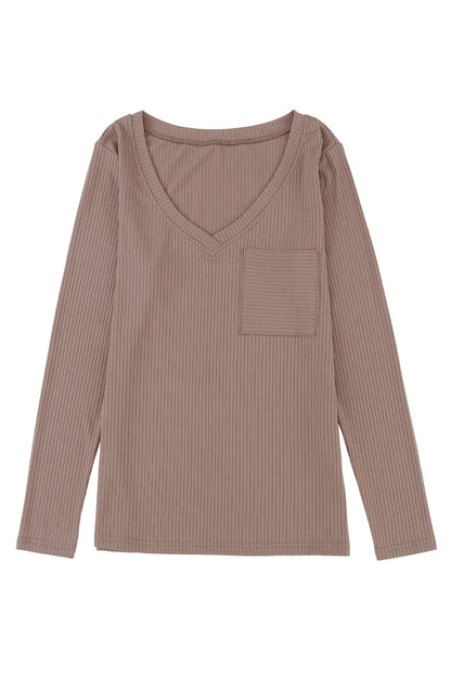 Khaki Ribbed Knit Patched Chest Pocket V Neck Top