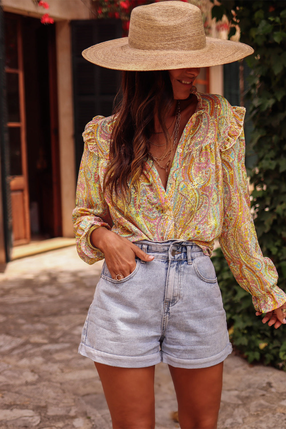 Yellow Paisley Print Ruffled Trim Button Up Boho Blouse