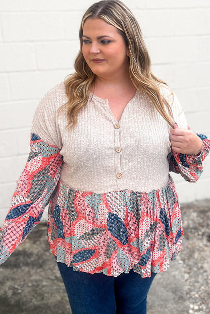 Apricot Plus Size Patchwork Textured Buttoned Blouse