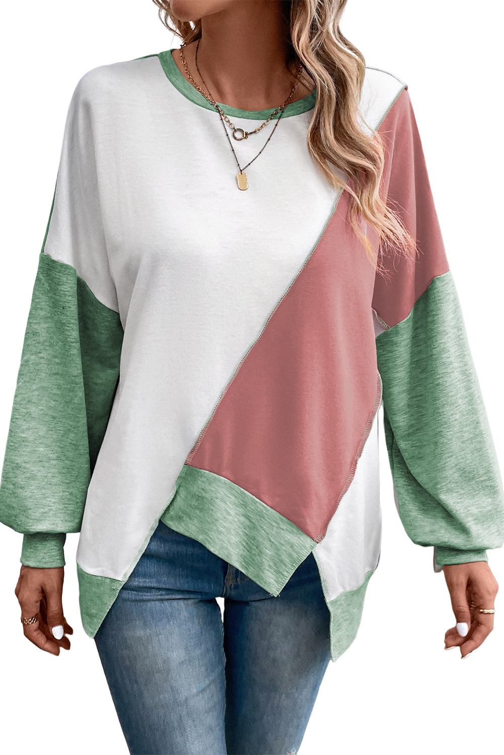 Khaki Colorblock Stitching Irregular Hem Long Sleeve Top