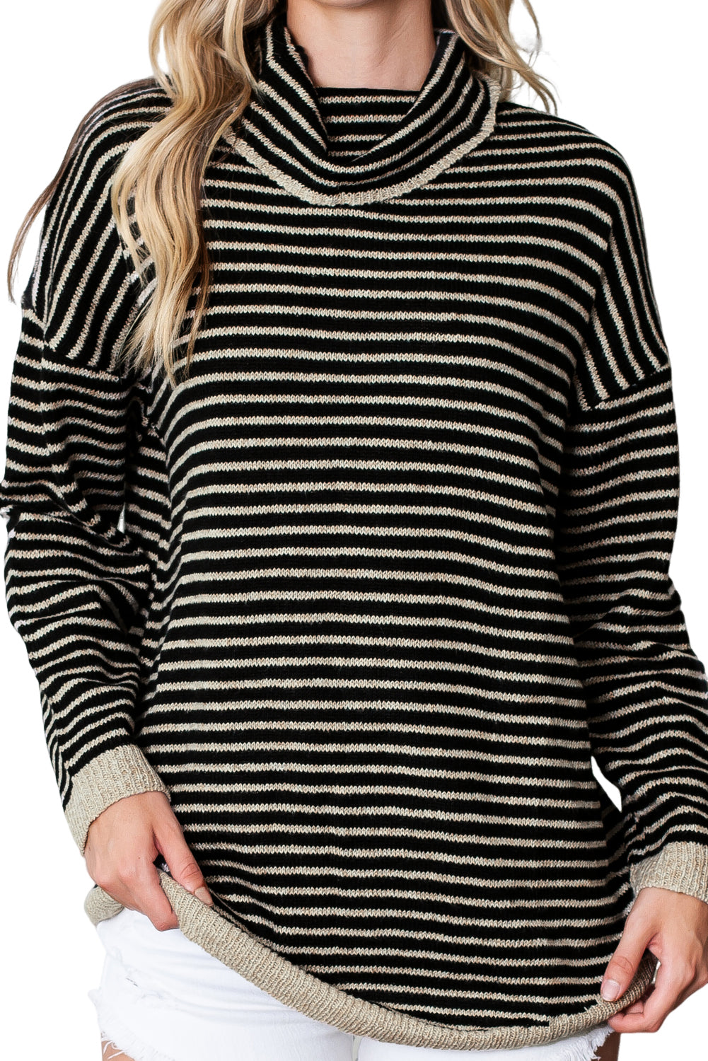 Gray Striped Turtleneck Oversized Sweater