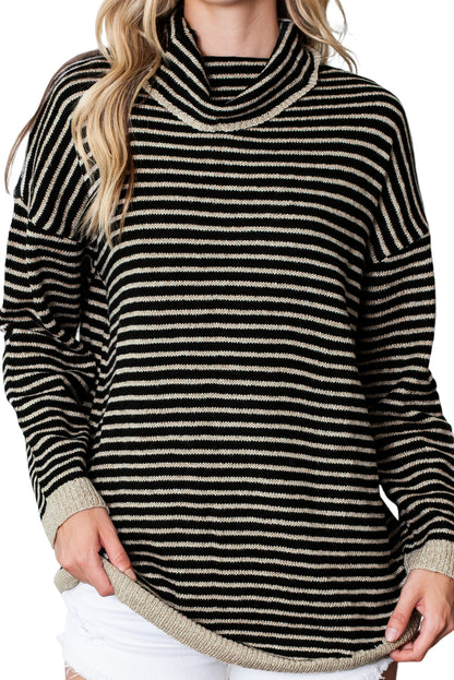 Gray Striped Turtleneck Oversized Sweater