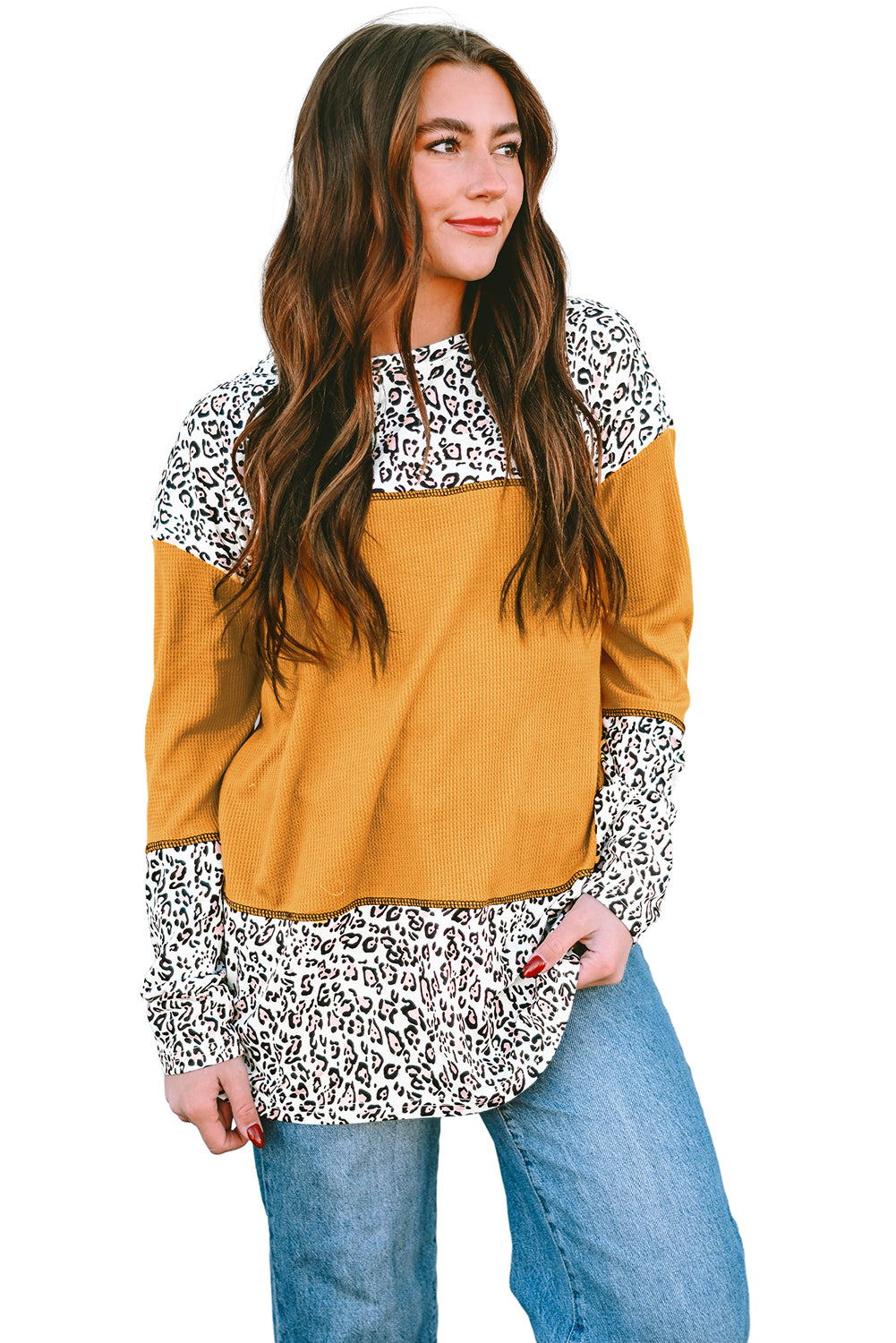 Light Pink Leopard Print Waffle Knit Patchwork Top