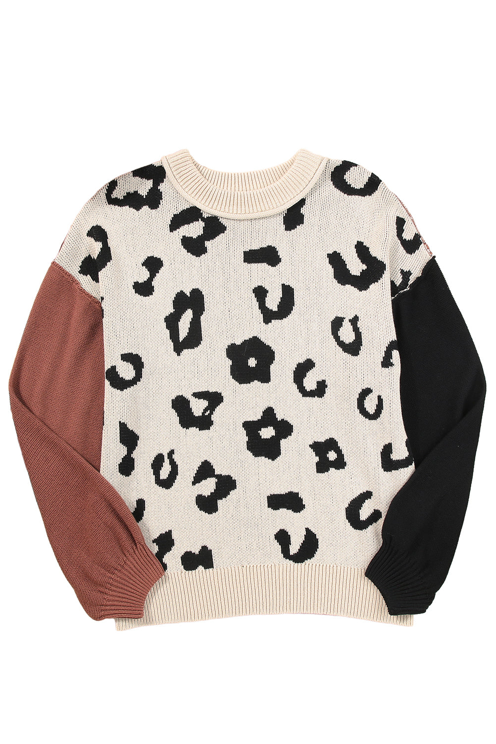 Coffee Leopard Print Patchwork Pullover Sweater