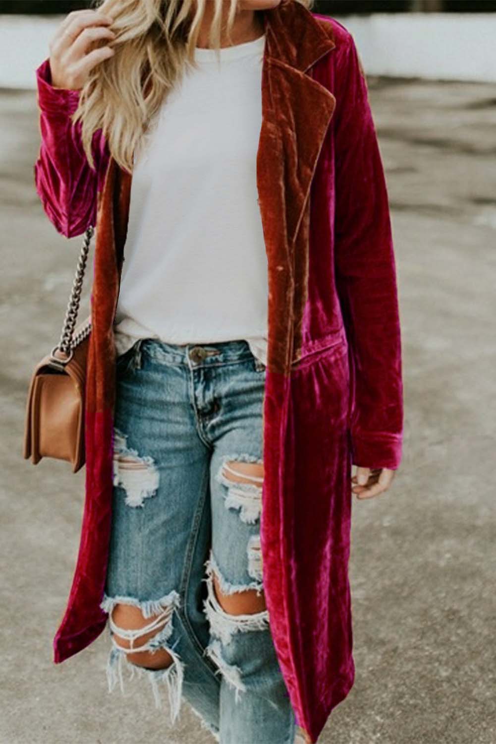 Red Casual Velvet Lapel Pocket Long Coat