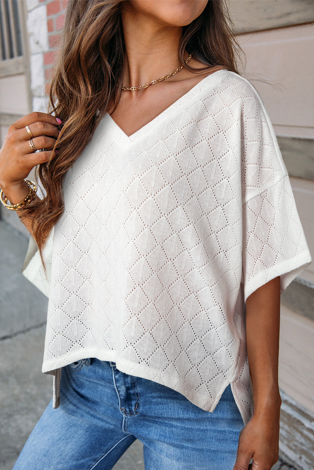 White V Neck Side Slits Knitted Flowy Oversized Blouse