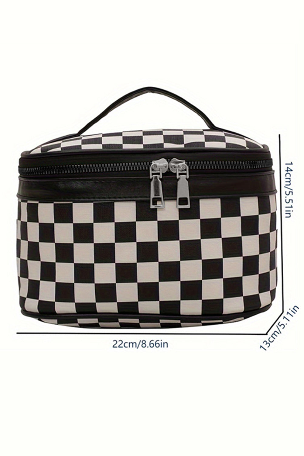 Black Checkered Zipper Large Cosmetic Bag with Handle