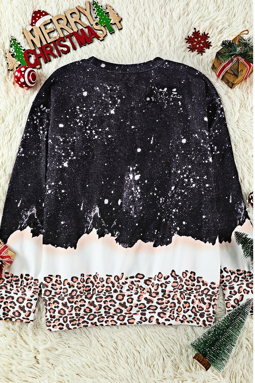 Black Christmas Tree Snowy Leopard Bleached Graphic Sweatshirt