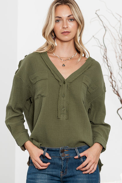 Green Gauze Buttoned V Neck Long Sleeve Shirt with Pockets