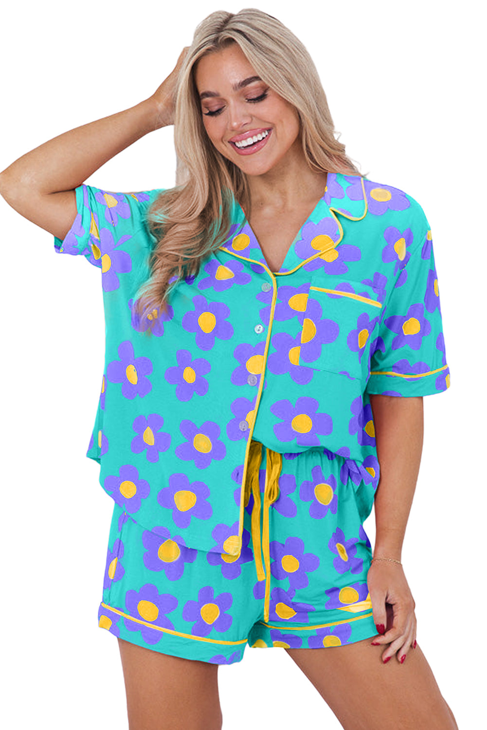 Flower Print Shirt and Drawstring Waist Pajama Set