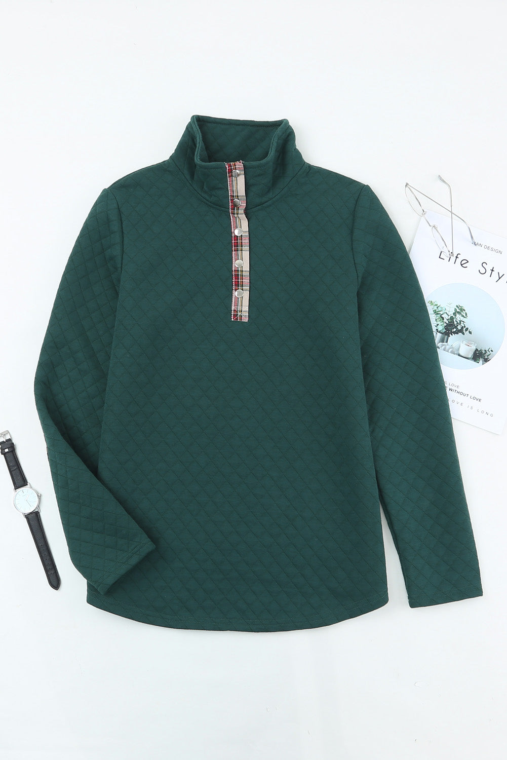 Green Plaid Geometric Texture Trim Buttons Neck Quilted Sweatshirt