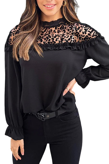 Black Leopard Sheer Splicing Lace Neck Ruffle Blouse