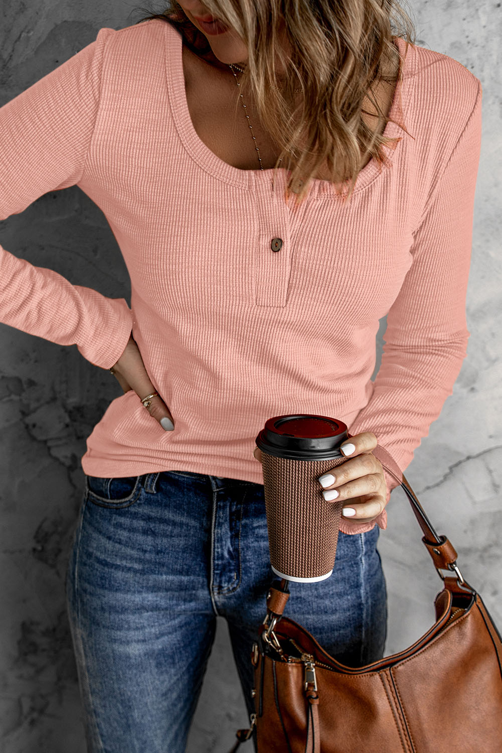 Burgundy Waffle Knit Scoop Neck Henley