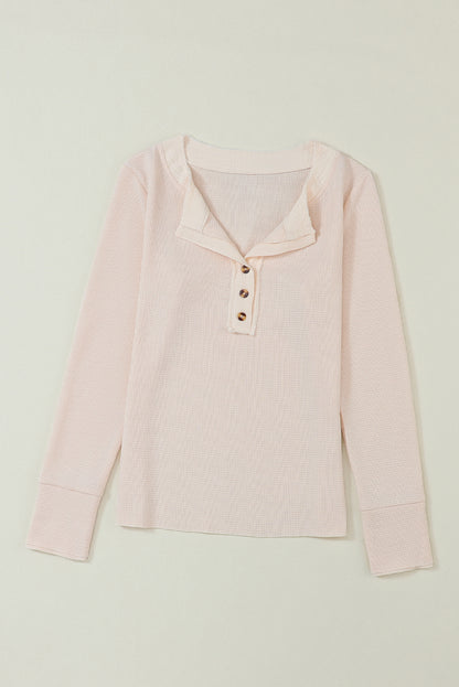 Beige Waffle Textured Long Sleeve Henley Top