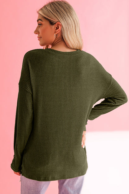 Rose Drop Shoulder Knit Long Sleeve Henley Top