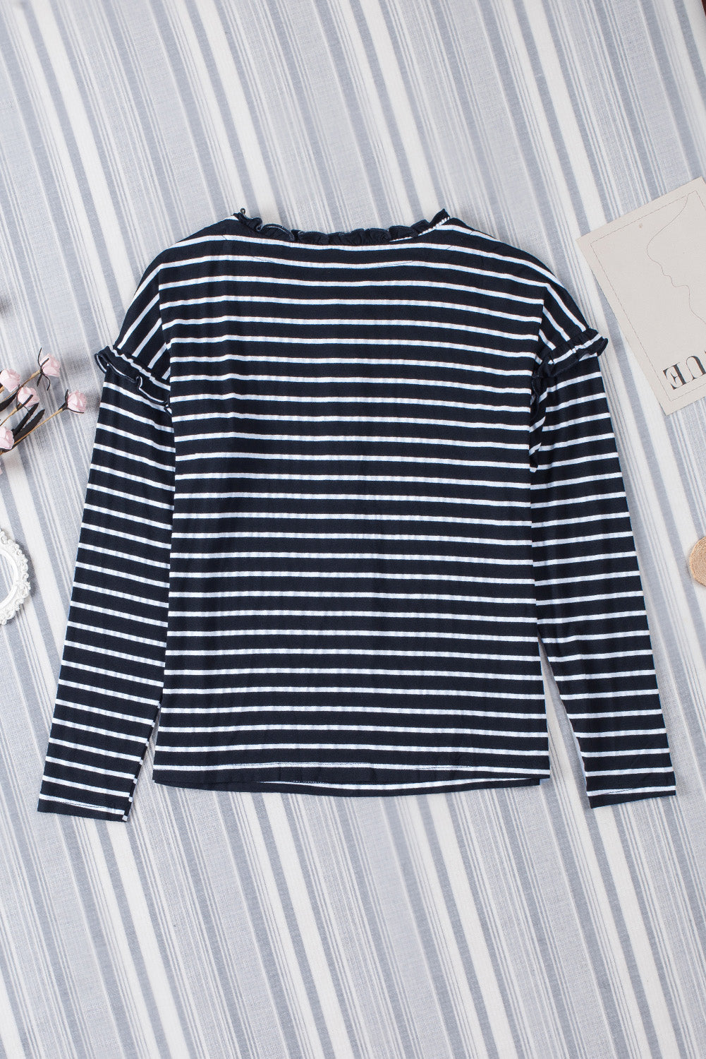 Red Striped Snap Button Frill Neck Long Sleeve Henley Shirt