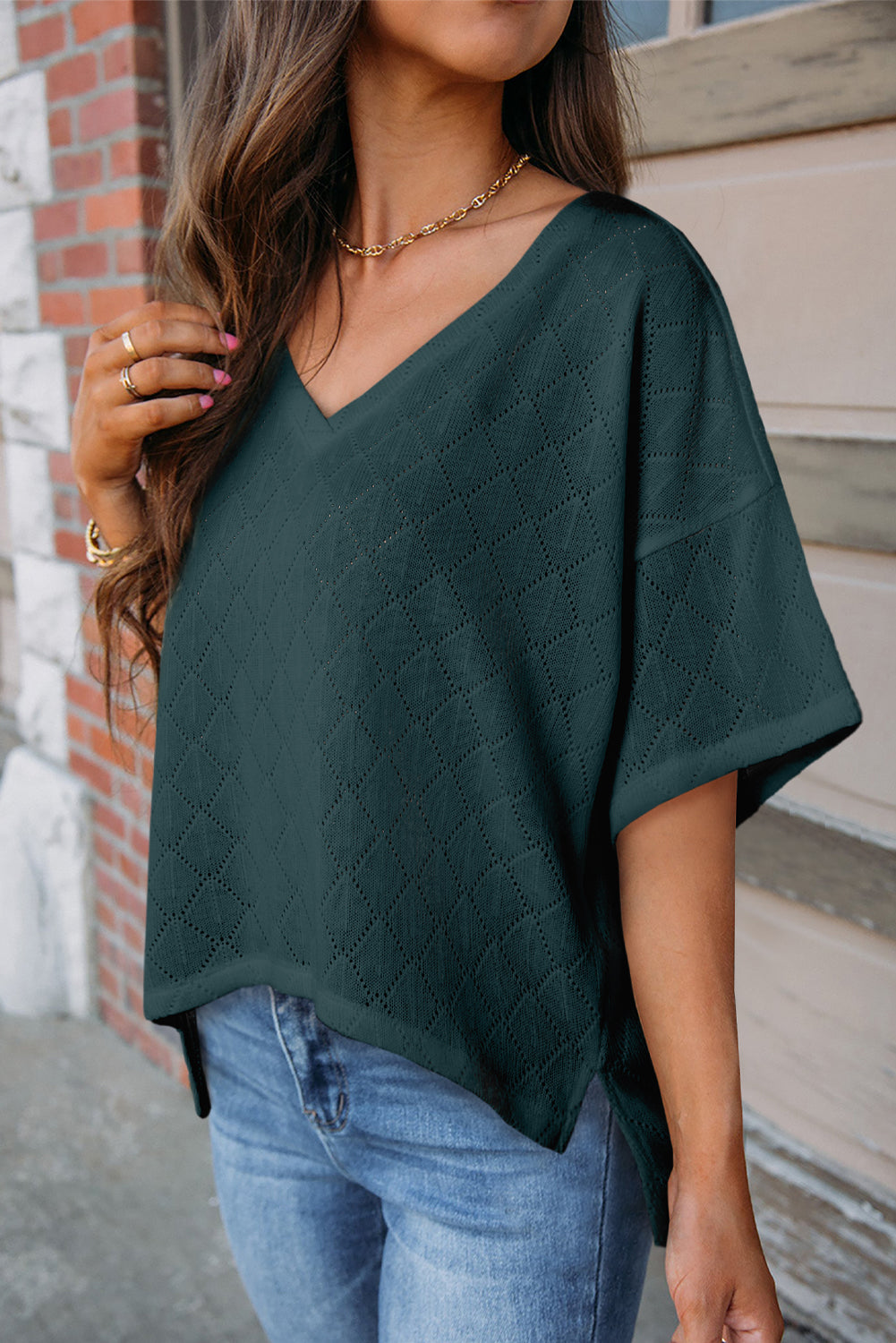 White V Neck Side Slits Knitted Flowy Oversized Blouse